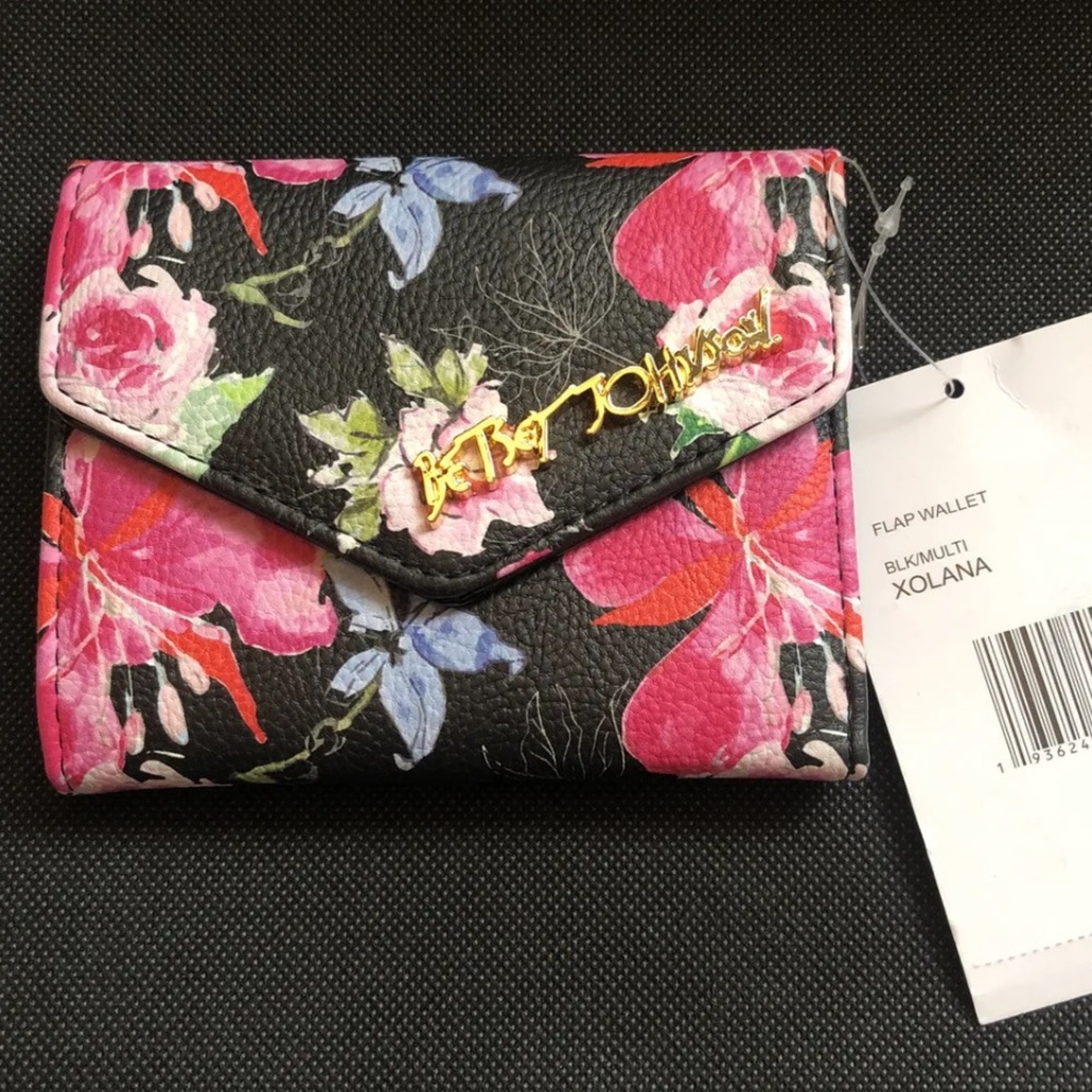 Betsey Johnson XOLANA Bi-Fold Flap Wallet Black Multicolored Floral Print NWT